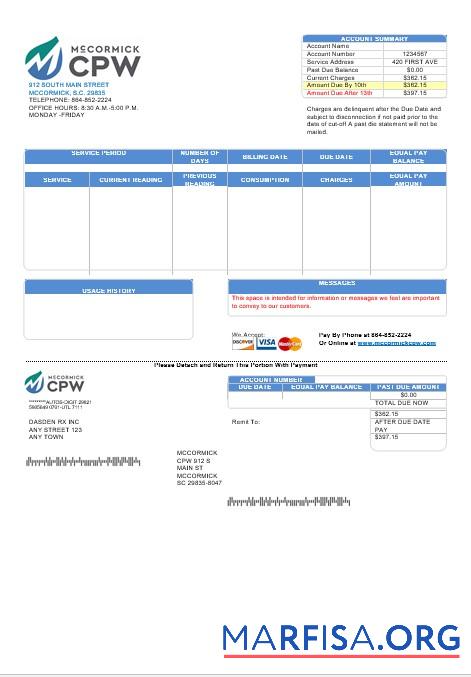 Realistic USA CPW business utility bill template in Word and PDF formats
